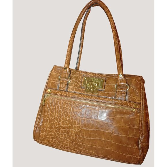 Anne Klein New York Satchel Shoulder Handbag Crocodile Embossed Logo Tote Brown - Picture 2 of 11